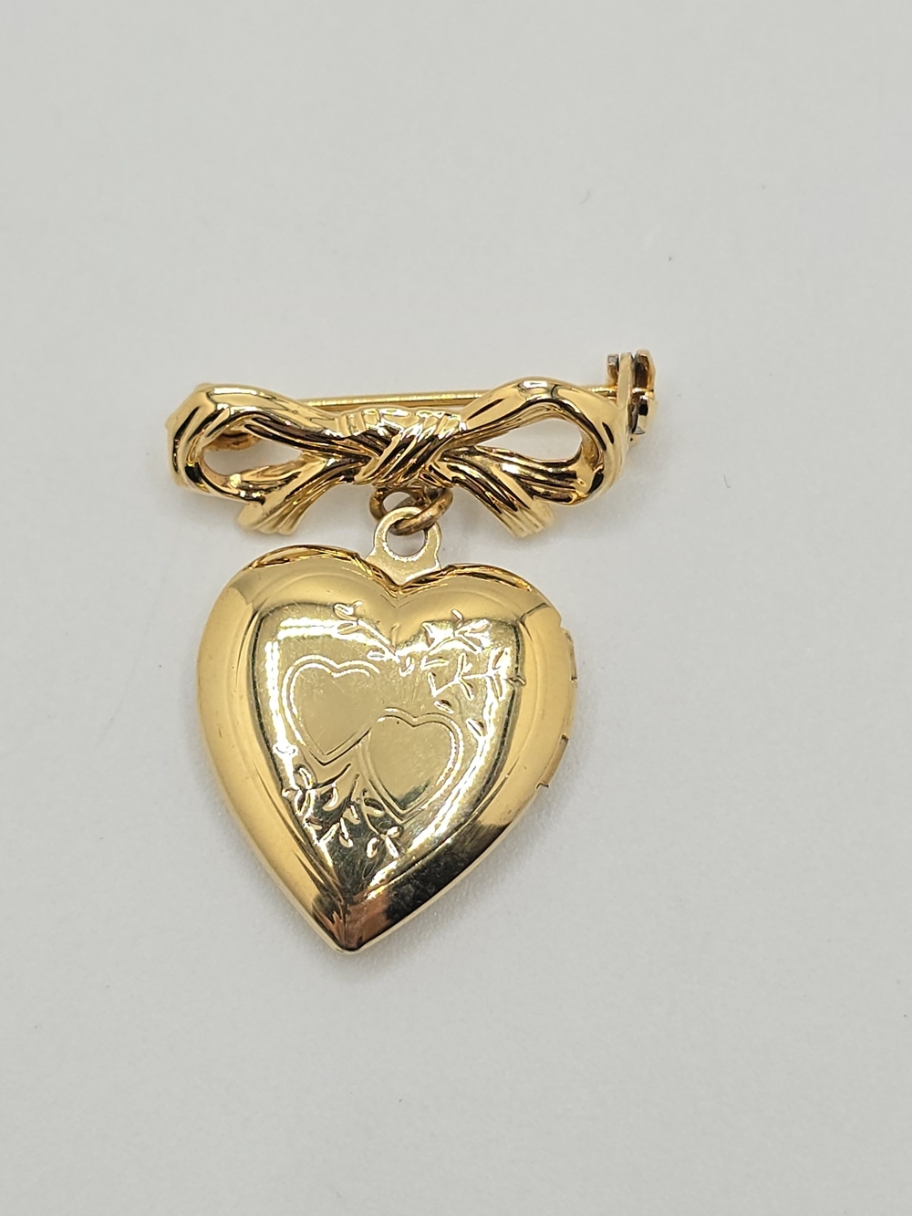 Vintage Heart Locket Brooch Gold Tone Bow Dangle 1.25"